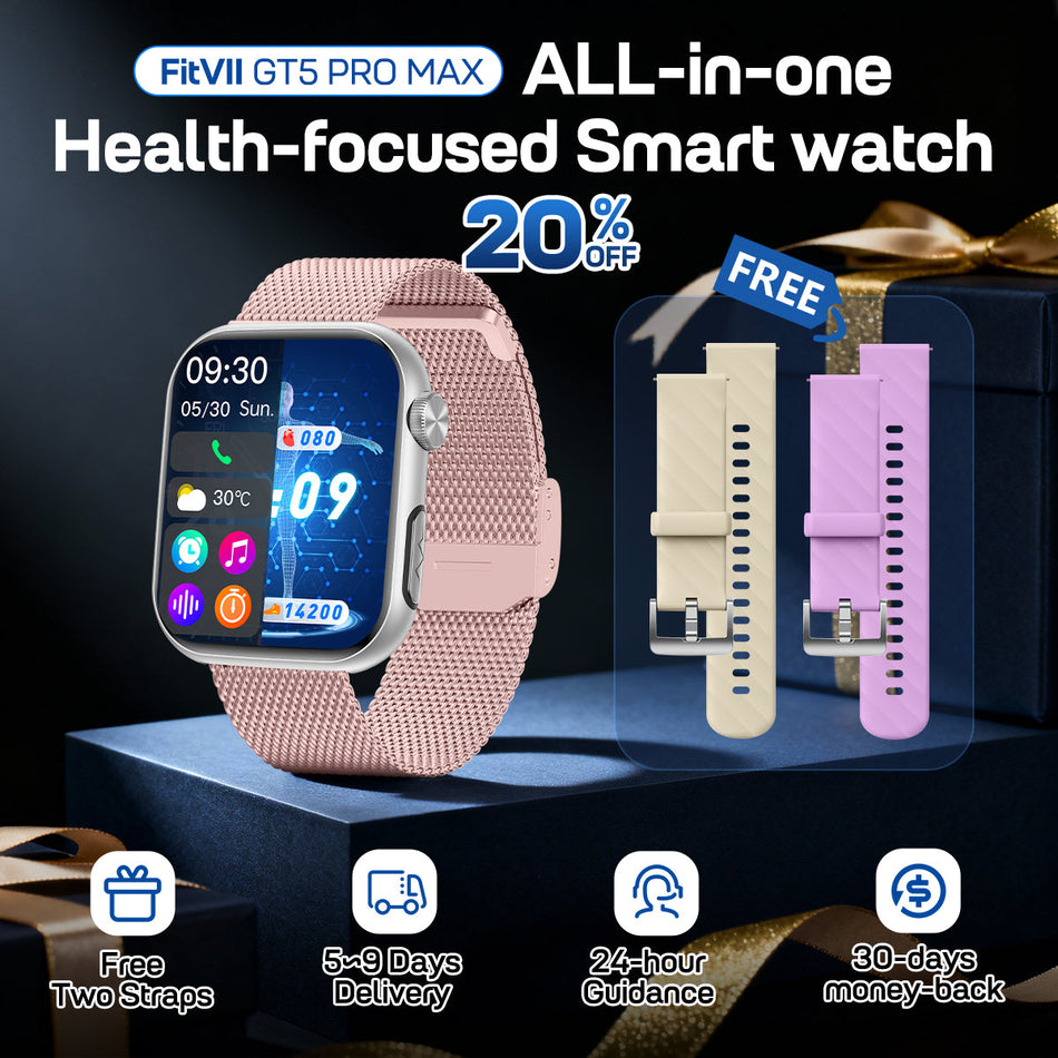 FitVII® GT5 Pro Max All-in-one Health Watch With Blood Pressure + EKG + Heart Rate + Temperature + Stress + Exercise + Blood Oxygen + Sleep + Uric Acid + Blood Fat Monitoring 2026-9 Colors with Gift Straps