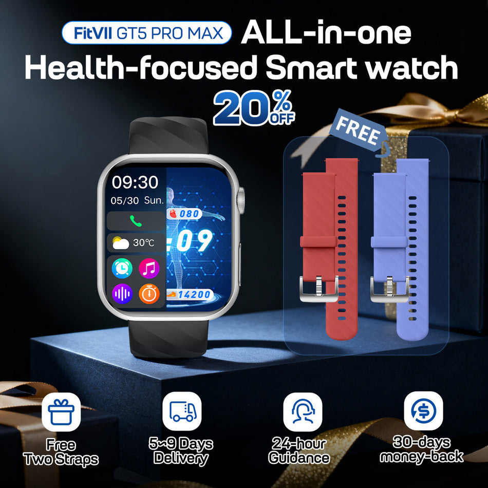 FitVII® GT5 Pro Max All-in-one Health Watch With Blood Pressure + EKG + Heart Rate + Temperature + Stress + Exercise + Blood Oxygen + Sleep + Uric Acid + Blood Fat Monitoring 2026-9 Colors with Gift Straps