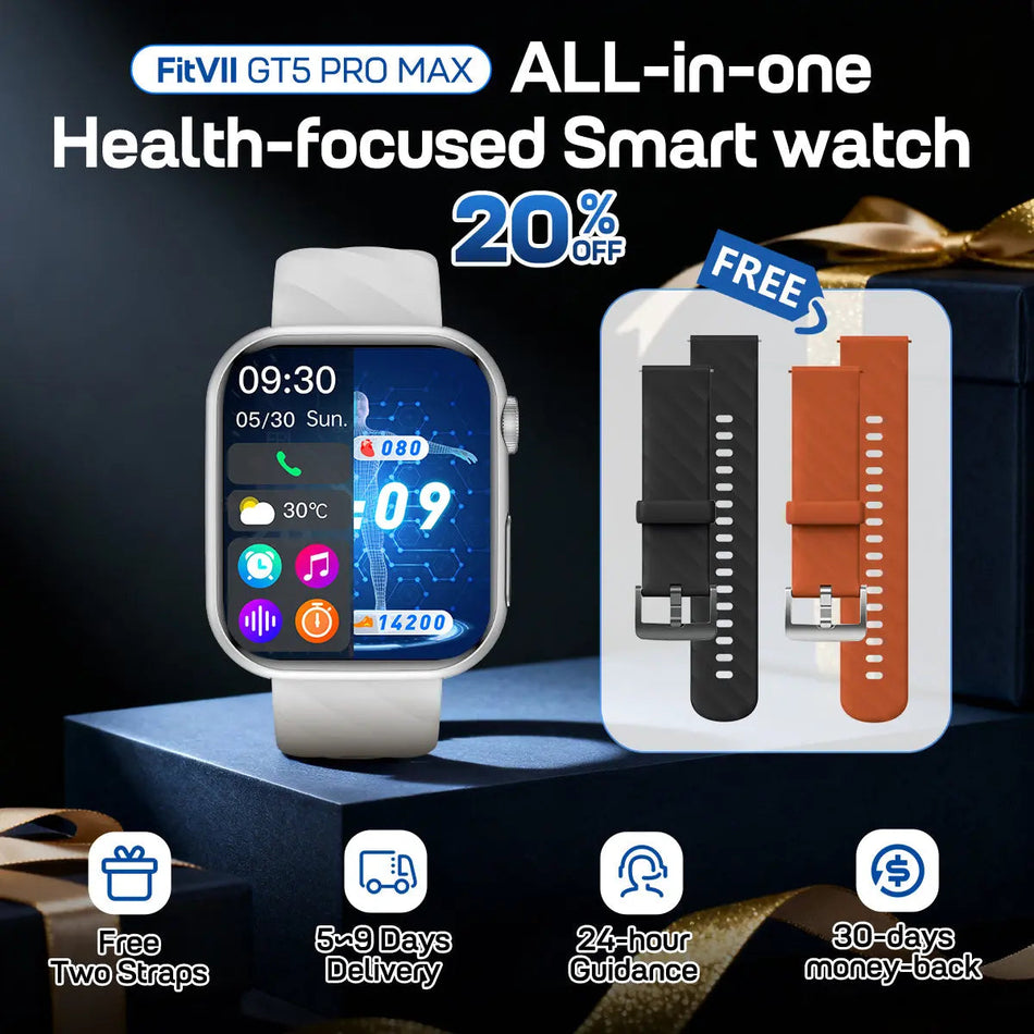 FitVII® GT5 Pro Max All-in-one Health Watch With Blood Pressure + EKG + Heart Rate + Temperature + Stress + Exercise + Blood Oxygen + Sleep + Uric Acid + Blood Fat Monitoring 2026-9 Colors with Gift Straps