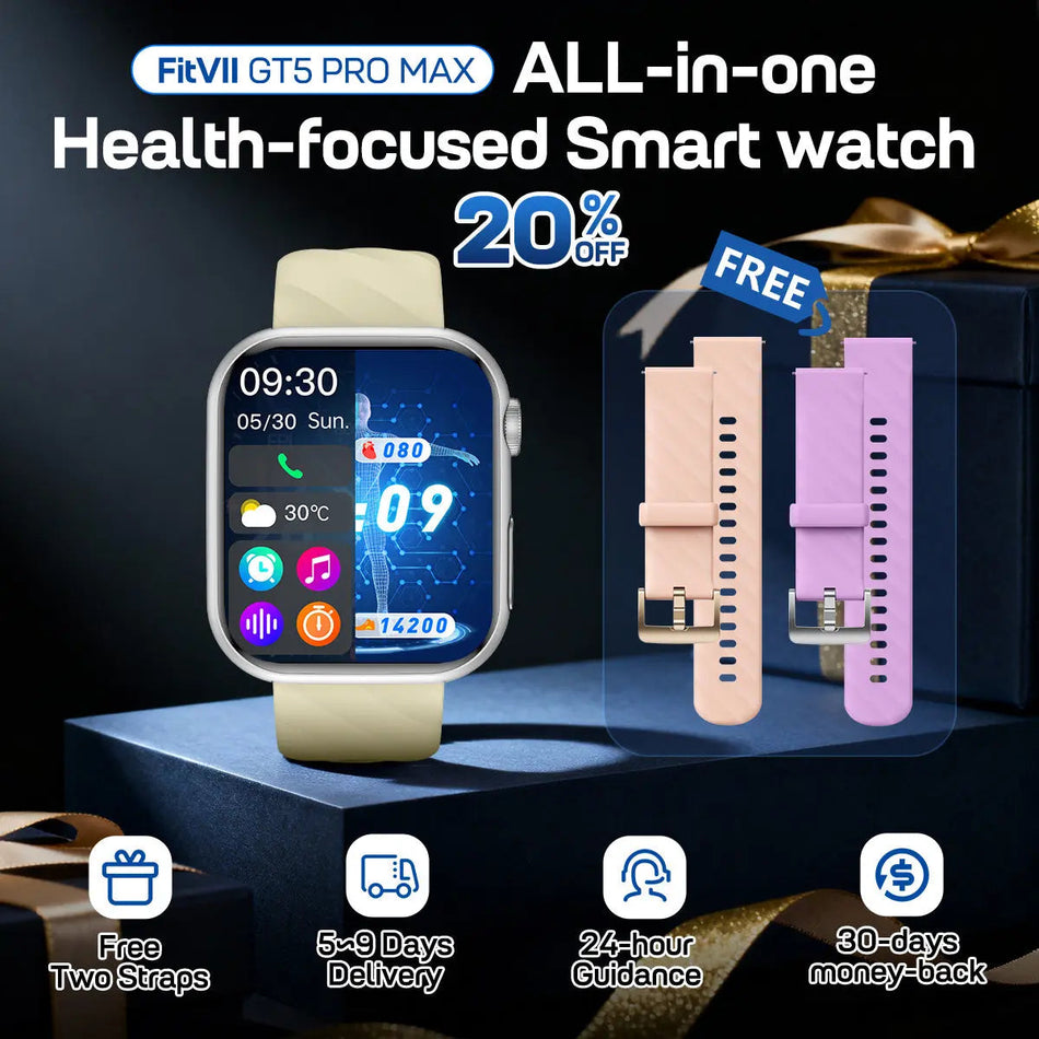 FitVII® GT5 Pro Max All-in-one Health Watch With Blood Pressure + EKG + Heart Rate + Temperature + Stress + Exercise + Blood Oxygen + Sleep + Uric Acid + Blood Fat Monitoring 2026-9 Colors with Gift Straps