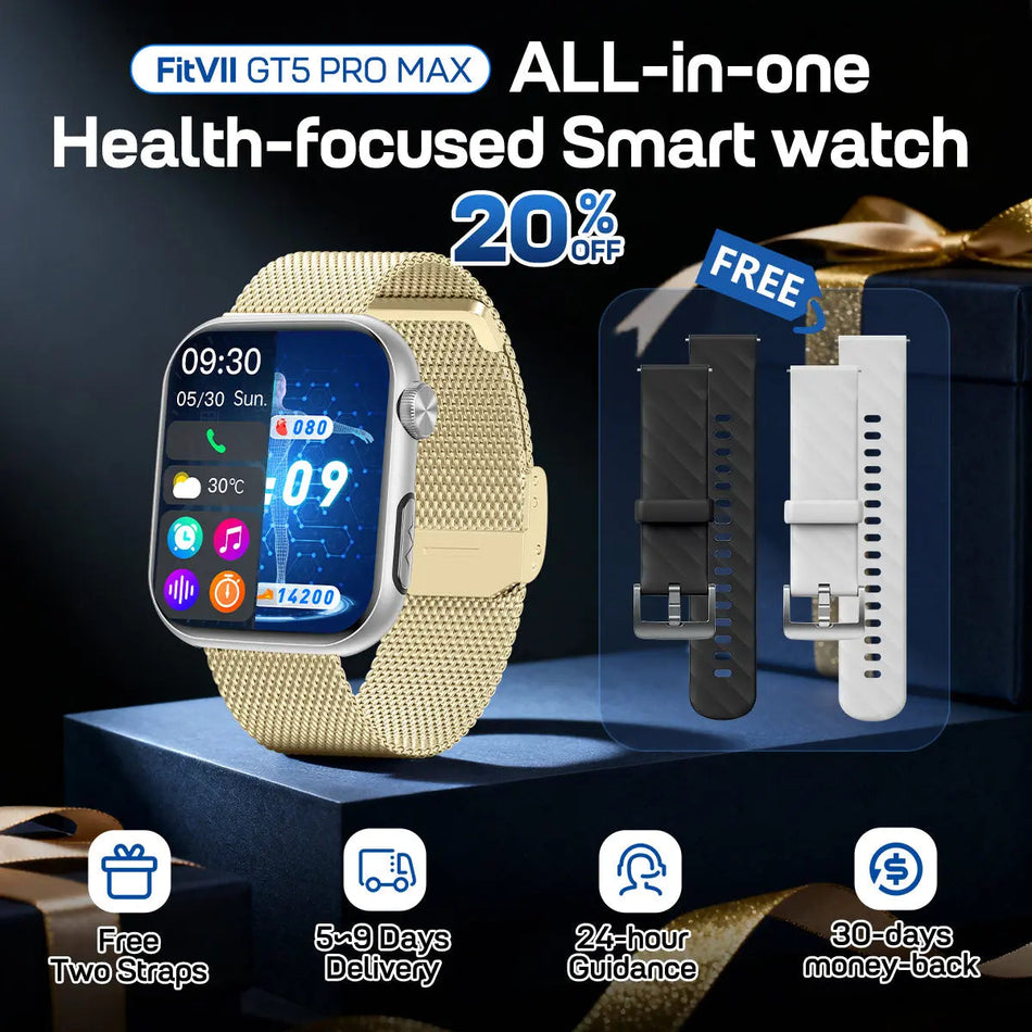 FitVII® GT5 Pro Max All-in-one Health Watch With Blood Pressure + EKG + Heart Rate + Temperature + Stress + Exercise + Blood Oxygen + Sleep + Uric Acid + Blood Fat Monitoring 2026-9 Colors with Gift Straps