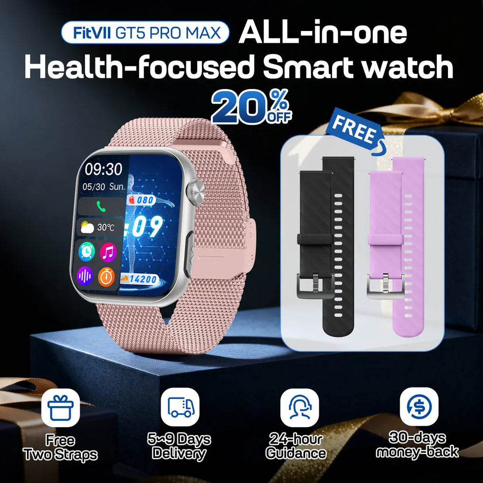 FitVII® GT5 Pro Max All-in-one Health Watch With Blood Pressure + EKG + Heart Rate + Temperature + Stress + Exercise + Blood Oxygen + Sleep + Uric Acid + Blood Fat Monitoring 2026-9 Colors with Gift Straps
