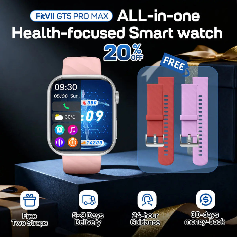 FitVII® GT5 Pro Max All-in-one Health Watch With Blood Pressure + EKG + Heart Rate + Temperature + Stress + Exercise + Blood Oxygen + Sleep + Uric Acid + Blood Fat Monitoring 2026-9 Colors with Gift Straps