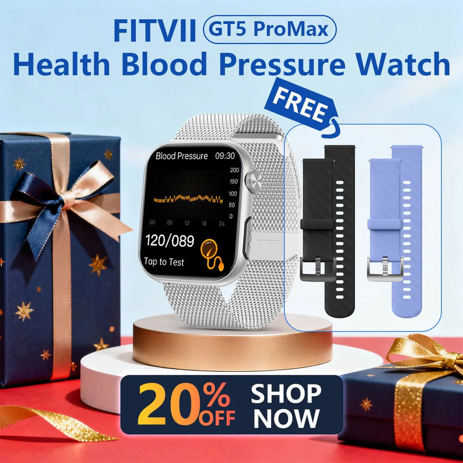 FitVII® GT5 Pro Max All-in-one Health Watch With Blood Pressure + EKG + Heart Rate + Temperature + Stress + Exercise + Blood Oxygen + Sleep + Uric Acid + Blood Fat Monitoring 2026-9 Colors with Gift Straps