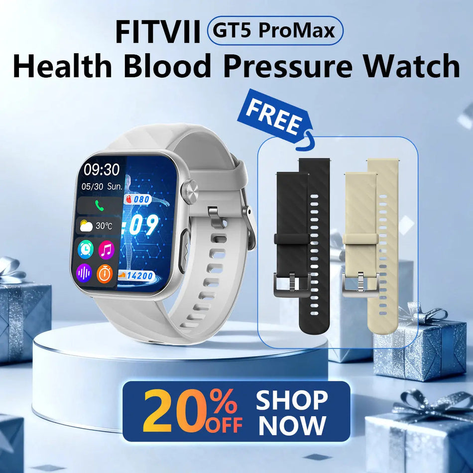 FitVII® GT5 Pro Max All-in-one Health Watch With Blood Pressure + EKG + Heart Rate + Temperature + Stress + Exercise + Blood Oxygen + Sleep + Uric Acid + Blood Fat Monitoring 2026-9 Colors with Gift Straps