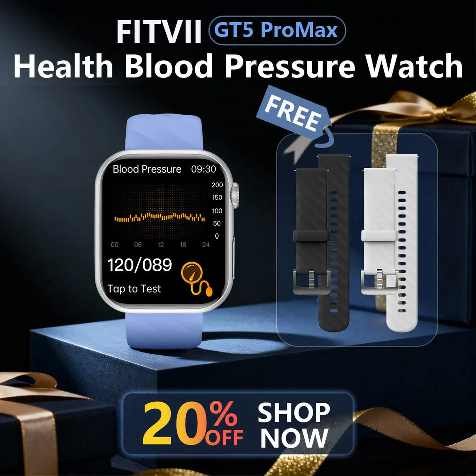 FitVII® GT5 Pro Max All-in-one Health Watch With Blood Pressure + EKG + Heart Rate + Temperature + Stress + Exercise + Blood Oxygen + Sleep + Uric Acid + Blood Fat Monitoring 2026-9 Colors with Gift Straps