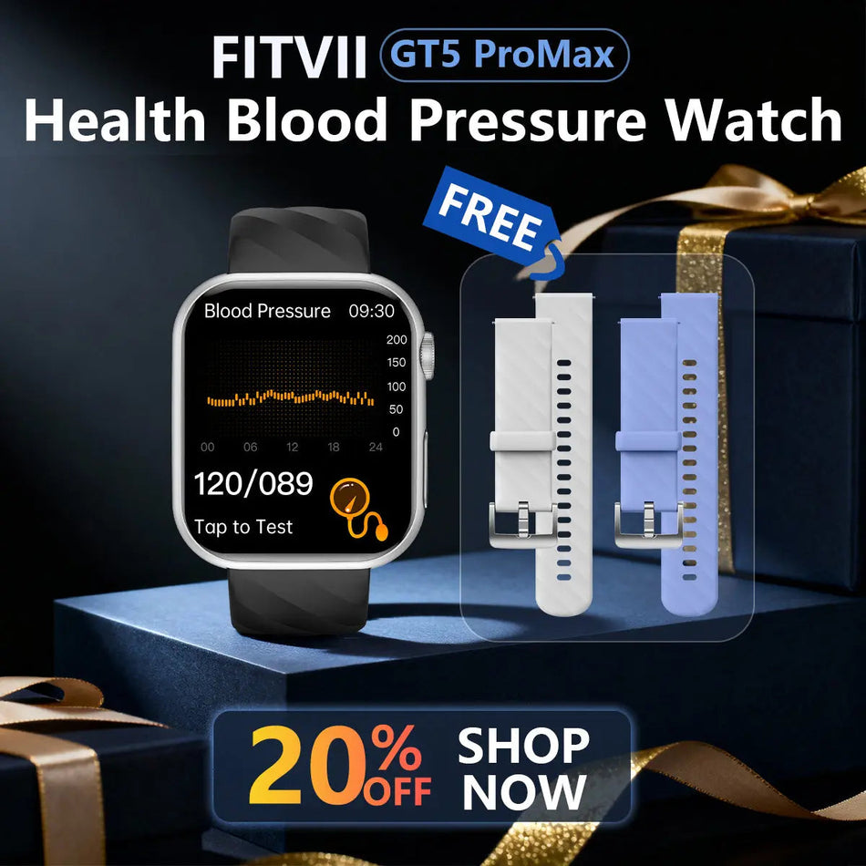 FitVII® GT5 Pro Max All-in-one Health Watch With Blood Pressure + EKG + Heart Rate + Temperature + Stress + Exercise + Blood Oxygen + Sleep + Uric Acid + Blood Fat Monitoring 2026-9 Colors with Gift Straps