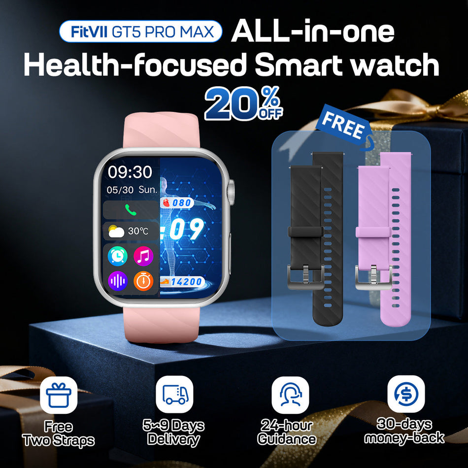 FitVII® GT5 Pro Max All-in-one Health Watch With Blood Pressure + EKG + Heart Rate + Temperature + Stress + Exercise + Blood Oxygen + Sleep + Uric Acid + Blood Fat Monitoring 2026-9 Colors with Gift Straps